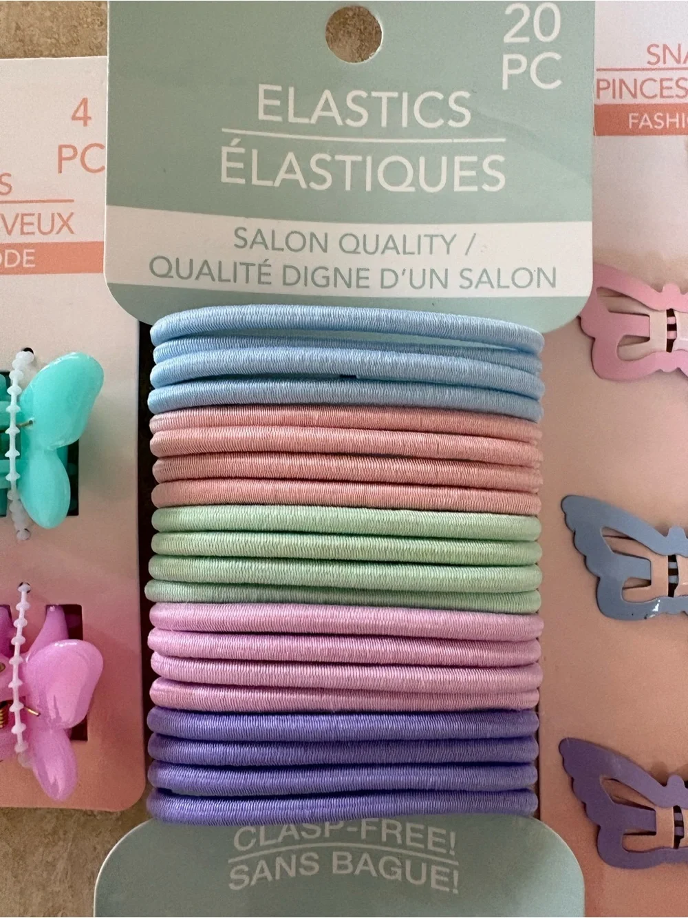 Set of 5 Butterfly Snap Clips & Matching Hair Elastics Set - Pastel Colors